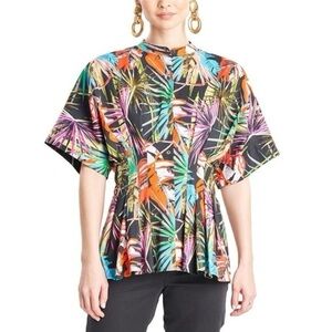 NATORI NWT El Nido Cotton Poplin Mandarin Pleated Top in Tropical Print Size 6
